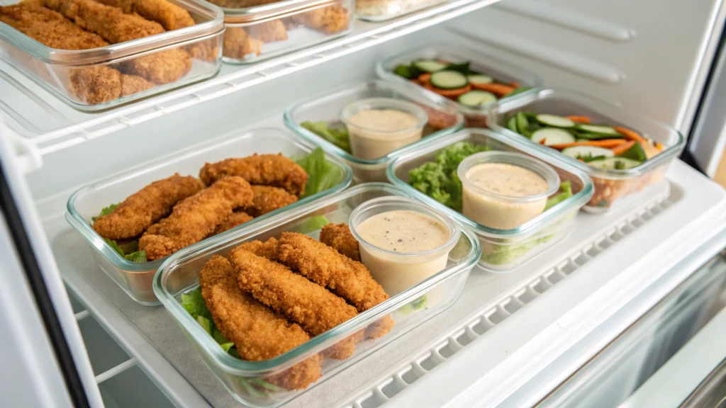 "Meal prep containers with Raising Cane’s chicken fingers stored in airtight boxes for fridge or freezer – professional food blog storage photo."