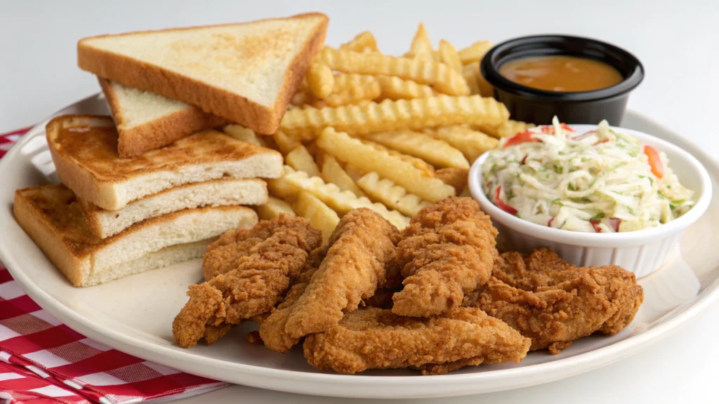 "Plate of Raising Cane’s chicken fingers served with Cane’s sauce, crinkle-cut fries, coleslaw, and buttered Texas toast – copycat chicken recipe."